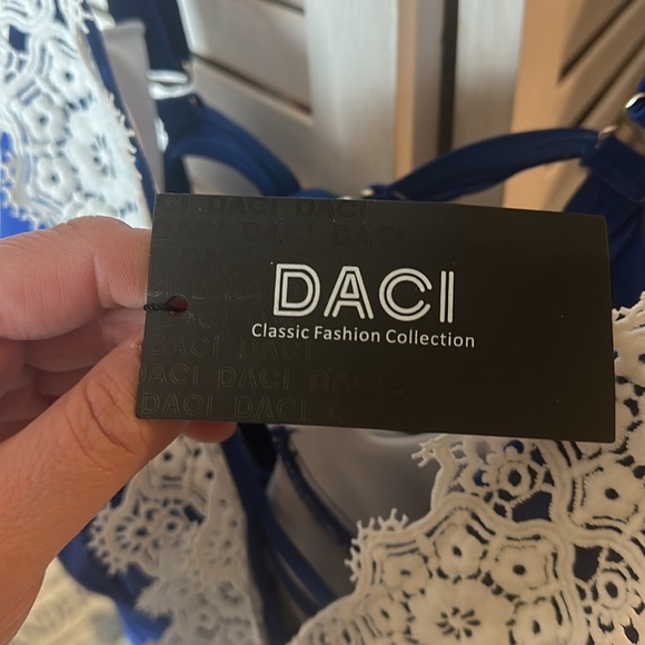 NWT DACI One Piece Swimsuit Blue With White Lace Plunge - Picture 7 of 8